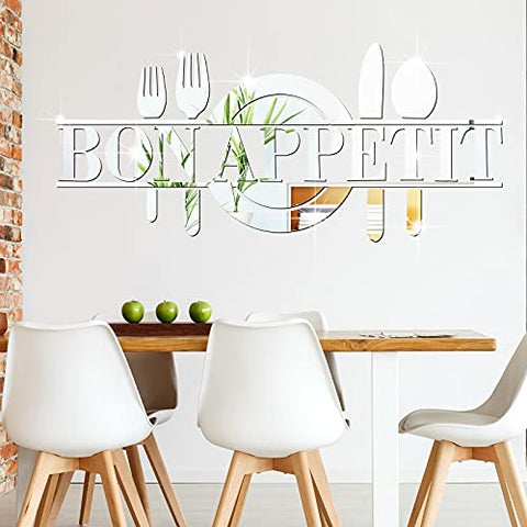 Bon Appetit Mirror Wall Stickers Kitchen Dining Wall Decor Acrylic Removable Peel and Stick Wall Art Decals for Restaurant Dining Room Christmas (Silver)