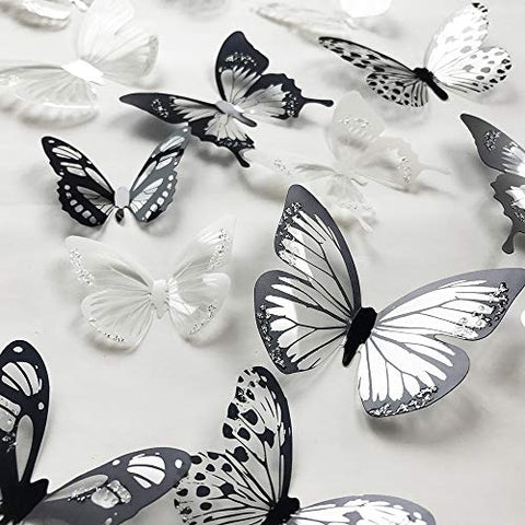36 PCS 3D Colorful Crystal Butterfly Wall Stickers with Adhesive Art Decal Satin Paper Butterflies Baby Kids Bedroom Home DIY Decor Removable Sticker (Black and White)