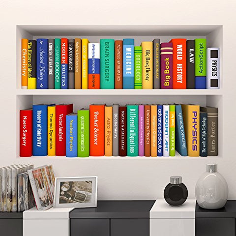 Woodland Arts 35 inches x 24 inches Fake Book Shelf Colorful Various Books Wall Decal Stickers for Classroom Office Bars