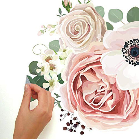 RoomMates Fresh Floral Peel And Stick Giant Wall Decals, White, Pink, Green, 1 Sheet 36.5 Inches x 17.25 Inches - RMK3866GM