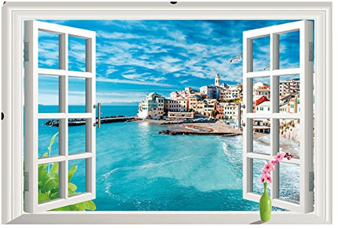 Home Find 3D Window Italy Cinque Terre Village in The Blue Sky Wall Stickers Faux Window Glass Frame Decoration Removable Living Room Bedroom Self Adhesive Vinyl Murals 33 inches x 22 inches