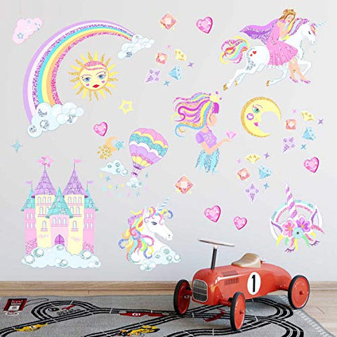 Castle Unicorn Wall Decals Princess Reflective with Heart Rainbow Vinyl Wall Stickers Gifts for Baby Girls Bedroom Party Decoration (2PCS)