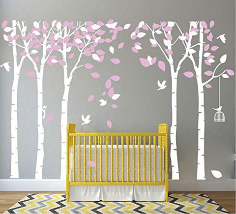 MAFENT Giant Family Tree Wall Decals Forest Birch Tree Wall Stickers Birds Wall Art for Kids Room Nursery Bedroom Living Room Decoration (White,Pink)