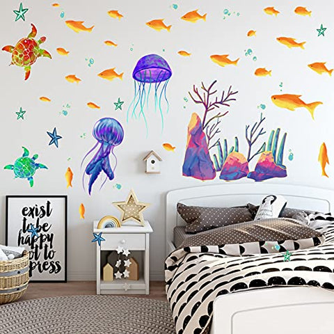 Glow in The Dark Sea Wall Decals, EsLuker.ly Ocean Theme Fluorescent Stickers Luminous Fish Turtle Jellyfish Wall Decor Underwater Sea World Wall Art for Kids Bedroom Nursery Decoration (Coral)