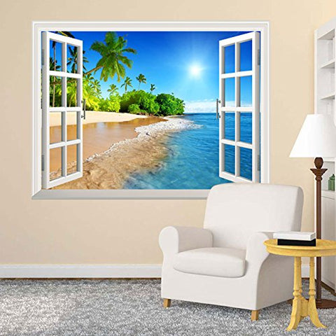 Wall26 White Beach with Blue Sea and Palm Tree Open Window Mural Wall Decal Sticker - 36"x48"