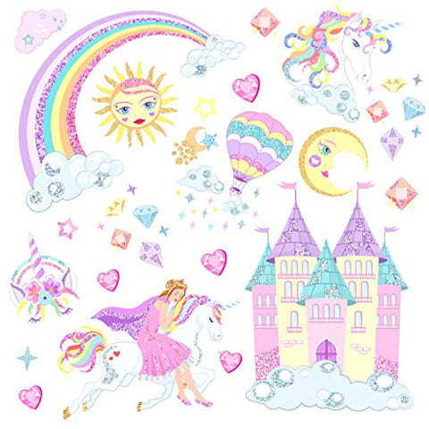 Castle Unicorn Wall Decals Princess Reflective with Heart Rainbow Vinyl Wall Stickers Gifts for Baby Girls Bedroom Party Decoration (2PCS)