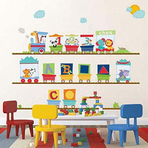 Animal Train Wall Stickers Giraffe Elephant Alphabet Wall Decals Art Decor for Kids Bedroom Nursery Playroom