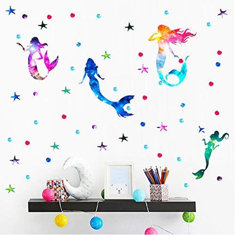 2 Pieces Starry Sky Mermaid Wall Decals Stickers PVC Girls Wall Decals with Mermaid Starfish Ocean Theme Decoration Creative Mermaids Decorative Peel and Stick Wall Decals for Nursery Bathroom