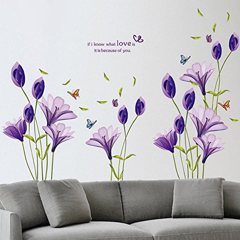 LiveGallery Beautiful Lovely Lily Flowers Wall Decals Removable DIY Butterfly Flower Vines Art Decor Wall Stickers Murals for Living Room TV Background Kids Gilrs Rooms Bedroom Decoration (Purple)