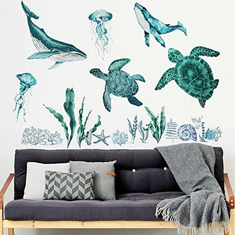 Art Ocean Wall Decals Ocean Stickers Under The Sea Wall Decals Nautical Beach Sea Turtle Seahorse Wall Sticker Removable Peel and Stick for Kids Baby Bedroom Living Room Bathroom Office