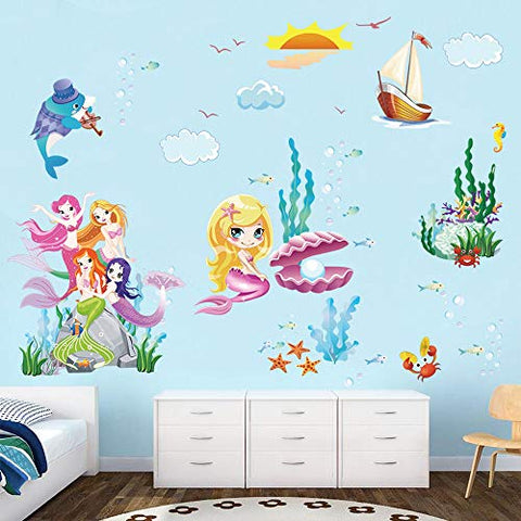 decalmile Mermaid Princess Wall Decals Underwater World Wall Stickers for Girls Room Baby Nursery Childrens Bedroom Kids Room Wall Decor