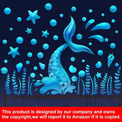 Ocean Wall Decals Glow in the Dark Mermaid Wall Decals Under the Sea Wall Stickers Removable Mermaid Tail Wall Sticker Waves Seaweed Shell Sticker for Girls Kids Bedroom Bathroom Living Room Wall Decor…
