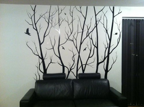 Large Wall Vinyl Tree Forest Decal Removable Sticker with Birds 96" (8 Feet) Tall X 113" Wide #1111 (Matte Black)