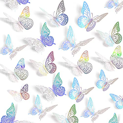 SAOROPEB 3D Butterfly Wall Decor 48 Pcs 4 Styles 3 Sizes, Butterfly Birthday Decorations Butterfly Party Decorations Cake Decorations, Removable Wall Stickers Room Decor for Kids Nursery Classroom Wedding Decor (Laser)