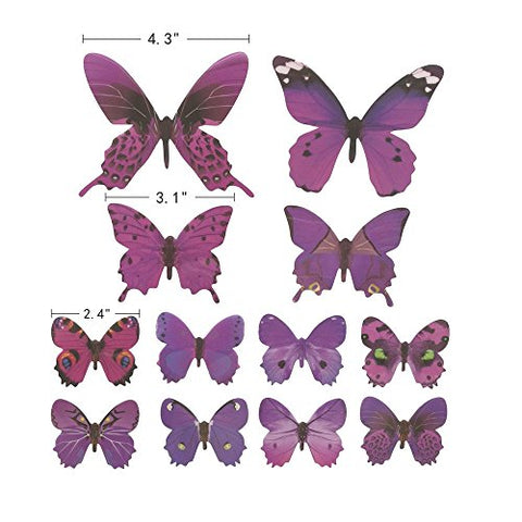 Butterfly Wall Decals, 24 Pcs 3D Butterfly Removable Mural Stickers Wall Stickers Decal Wall Decor for Home and Room Decoration (Purple)