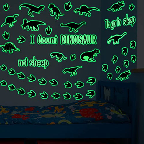 38 Pieces Dinosaur Wall Decals Glow in The Dark Dinosaur Wall Decals to Go to Sleep I Count Dinosaurs Not Sheep Dinosaur Decorations for Boys Room (Luminous Style)