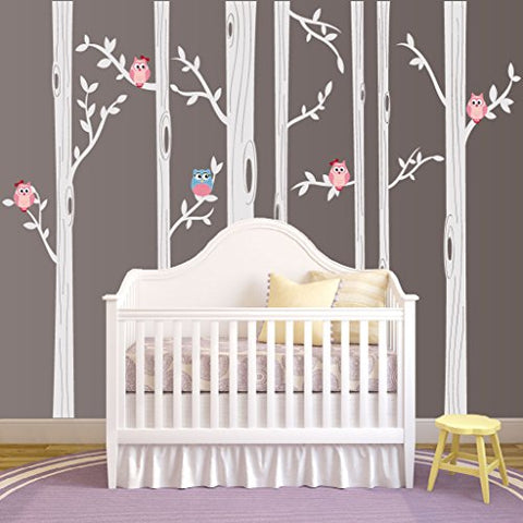 Nursery Birch Tree Wall Decal Set With Owl Birds Forest Vinyl Sticker, Birch Tree Wall Decal, Birch Tree Decal Baby Boy Whimsical Owls (7 trees) #1321 (84" (7ft) Tall, White Trees, Pink Owls)