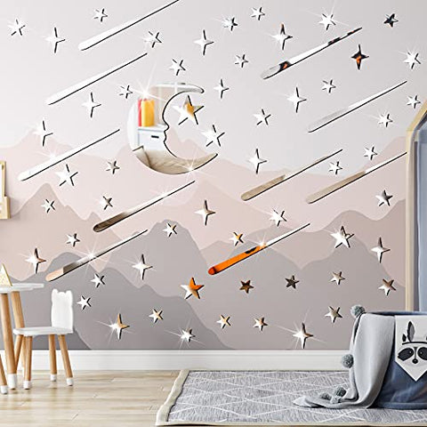 216 Pieces Moon Stars Wall 3D Stickers Acrylic Mirror Wall Decals Decor Silver Removable for Kids Bedding Room Ceiling Wall Decoration