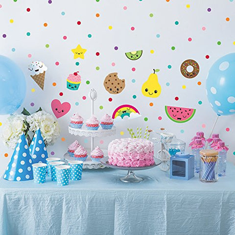 Paper Riot Co. Bright Kawaii Cartoon Food Wall Decals. Includes 19 Characters and 128 Multi-Color dots Peel and Stick Decor, Easy to Remove Vinyl Decals. Safe on Painted Walls or Smooth Surfaces