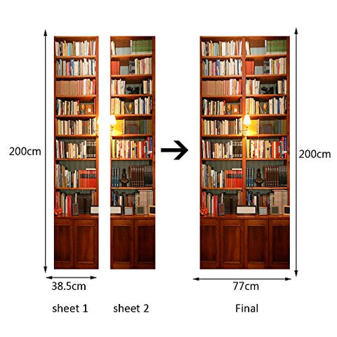 Alwayspon Modern Art Bookcase 3D Door Sticker, Peel and Stick Vinyl Door Mural Decals for Home Decor, 30.3x78.7(77x200cm), 2 Pcs Set