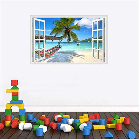 Beach Seascape Window Wall Sticker Palm Tree and Hammock Fake Window Wall Decals Removable Tropical Sea Window View Wall Stickers Decal for Living Room