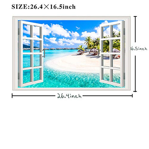 Amtoodopin 3D Beach Seascape Fake Windows Wall Stickers Removable Faux Windows Wall Decal Landscape Wall Decor for Livingroom Bedroom (Beach Seascape)