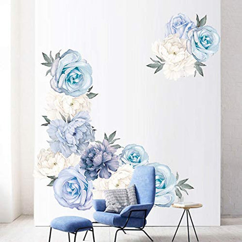 Amaonm Creative Removable 3D Light Blue and White Peony Flower Wall Decals Floral Wall Sticker DIY Peel and Stick Art Decor for Living Room Kids Bedroom Baby Girls Nursery Rooms Wall Corner (Peony)