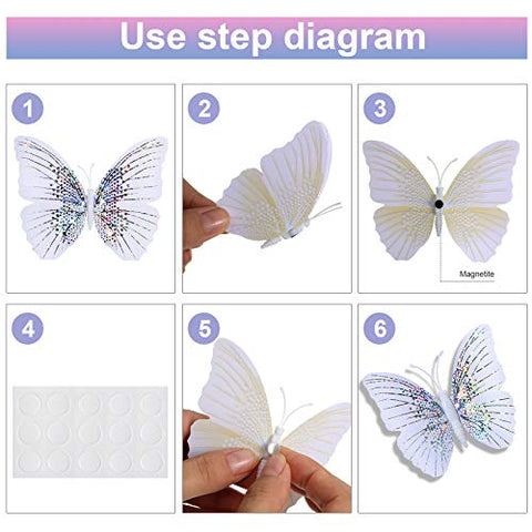 48 Pieces Glitter 3D Butterfly Wall Stickers Removable Butterfly Wall Decals Butterfly Decorative Stickers Bling Lively Butterfly Wall Mural for DIY Party Office Home Room Decoration, White