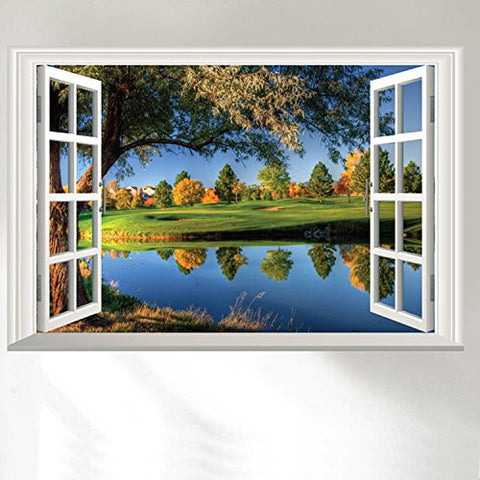 DNVEN 24 inches x 16 inches 3D High Definition Peaceful Lake Big Trees Clean Rivers Nature Forests Scenery False Faux Window Frame Window Mural Vinyl Bedroom Living Room Playroom Wall Decals Stickers