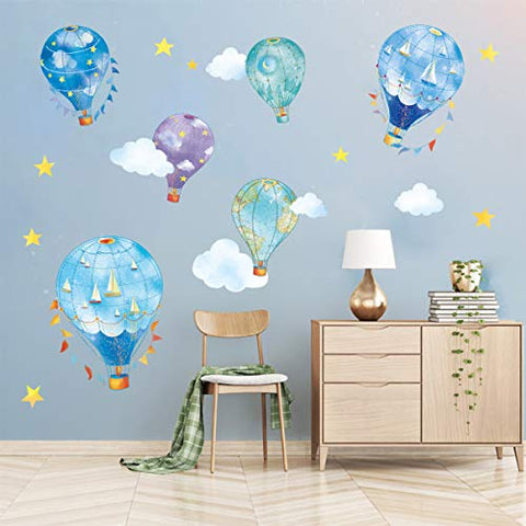 decalmile 6 Nautical Hot Air Balloons Wall Decals Stars Cloud Star Wall Stickers Baby Nursery Kids Bedroom Wall Decor(Size: 10"/6" H)