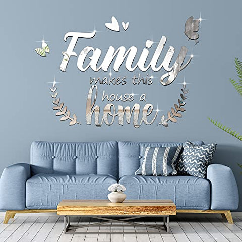 3D Acrylic Mirror Decal Wall Decor Stickers Family Letter Quotes Wall Stickers Removable DIY Motivational Family Butterfly Mirror Stickers for Home Office Dorm Mirror Wall Decoration (Silver)