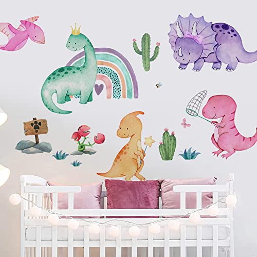 Yovkky Watercolor Girls Dinosaur Wall Decals Stickers, Dino Rainbow Pi
