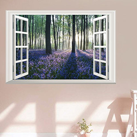 DNVEN 24 inches x 16 inches 3D Full Color High Definition Lavender Trees in Forests Nature Forests Scenery False Faux Window Frame Window Mural Vinyl Bedroom Living Room Playroom Wall Decals Stickers