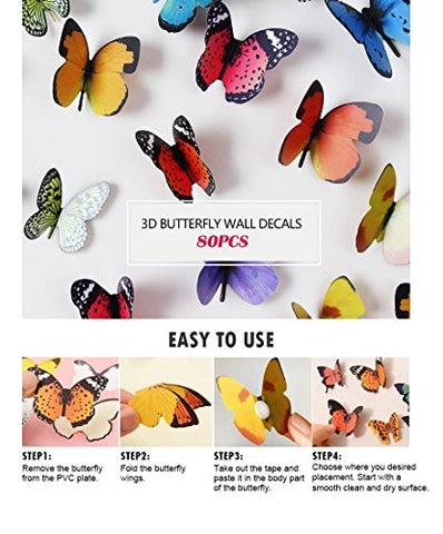 Eoorau 80PCS Butterfly Wall Decals - 3D Butterflies Decor for Wall Removable Mural Stickers Home Decoration Kids Room Bedroom Decor
