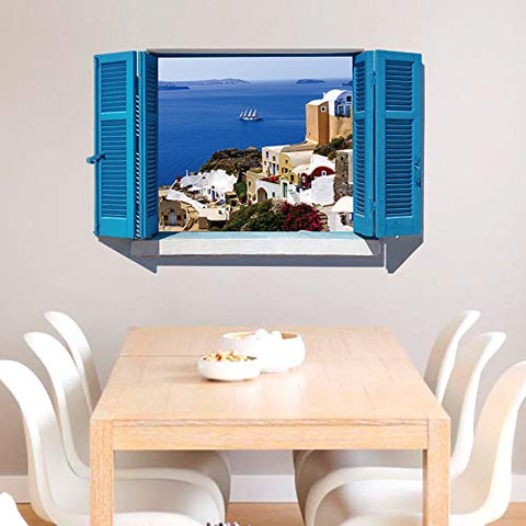 Fabulous Decor City by The Water 3D Window View Sticker of Greece Wall Decal 20" H X 28" W
