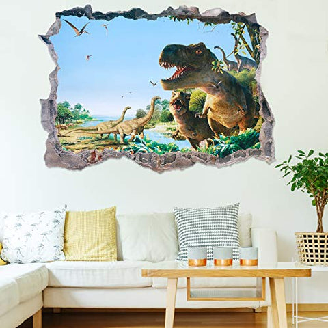 2 Sheets 3D Dinosaur Wall Decals Dinosaur Forest Wall Stickers Self Adhesive 3D Smashed Wall Arts Removable Wall Mural Decals for Kids Nursery Bedroom Living Room (Flying and Jumping Dinosaurs)