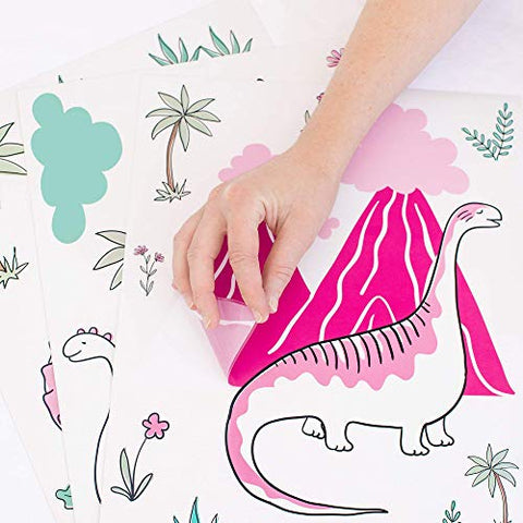 Kindred Jo Dinosaur Wall Decals for Girls Bedroom – Pink Dinosaur Wall Stickers with Flowers Trees & Volcano – Removable Vinyl Peel & Stick Dinosaur Decor