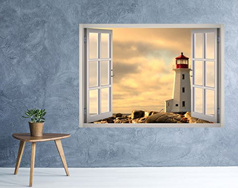 West Mountain Lighthouse View Window 3D Wall Decal Art Removable Wallpaper Mural Sticker Vinyl Home Decor W33 (Small (24''W x 17''H))