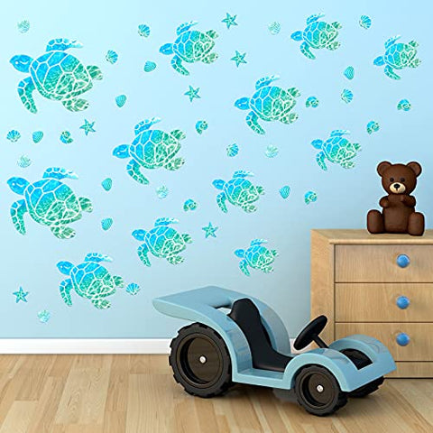 46 Pieces Sea Turtle Wall Decals Glowing Wall Decals Starfish Shell Wall Ornaments Waterproof Ocean Wall Sticker Decoration for Home Office Living Room Wall Bathroom Toilet (Normal)