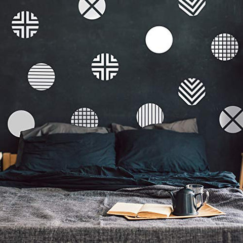 Set of 12 Vinyl Wall Art Decal - Circle Patterns - 10" x 10" Each - Modern Urban Decor for Home Apartment Workplace Decor - Geometric Design for Living Room Bedroom Decals (White)
