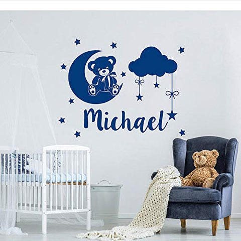 Vinyl Wall Decals Boys Name Wall Stickers Teddy Bear Clouds Stars Stickers for Kids Bedroom Removable Personalized Custom Decals Mural 73X57cm