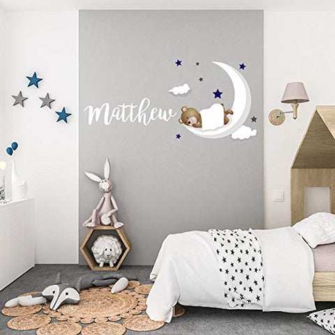 Custom Name Bear Moon Nursery Wall Decal - WM07. Removable Nursery Wall Decal for Baby Room - Mural Wall Decal for Kids (Wide 22" x 11" Height)