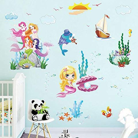 decalmile Mermaid Princess Wall Decals Underwater World Wall Stickers for Girls Room Baby Nursery Childrens Bedroom Kids Room Wall Decor