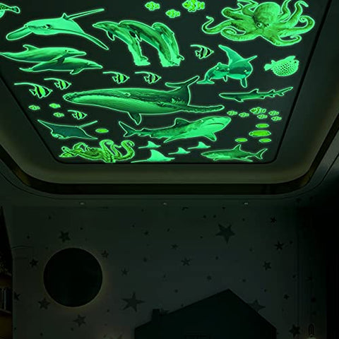 Amaonm Removable Glow in The Dark Ocean Animals Wall Sticker Glowing Under The Sea Fish Wall Decal Peel and Stick Luminous Whale, Shark, Squid Art Decor for Kids Baby Boy and Girl Bedroom Nursery