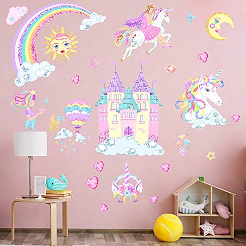 Castle Unicorn Wall Decals Princess Reflective with Heart Rainbow Vinyl Wall Stickers Gifts for Baby Girls Bedroom Party Decoration (2PCS)