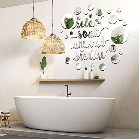 30 Pieces Bathroom Wall Decals Stickers Relax Soak Unwind Unwind 3D Acrylic Mirror Wall Sticker Circle Mirror DIY Wall Stickers Removable Acrylic Wall Art DIY Round Wall Decoration for Bedroom Office
