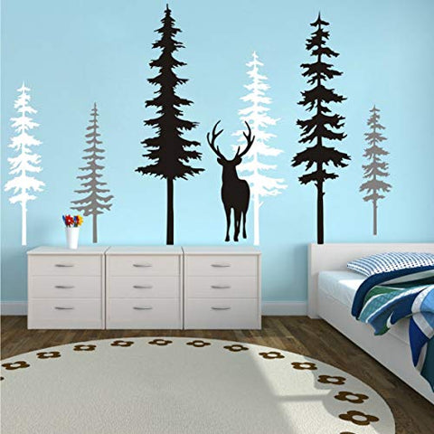 Large Forest Pine Tree with Deer Wall Decals Woodland Trees Wall Sticker for Nursery Room Art Kids Room Bedroom Decoration Forest Tree Animal Wall Mural (White+Gray+Black W/Deer)