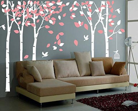 MAFENT Giant Family Tree Wall Decals Forest Birch Tree Wall Stickers Birds Wall Art for Kids Room Nursery Bedroom Living Room Decoration (White,Pink)