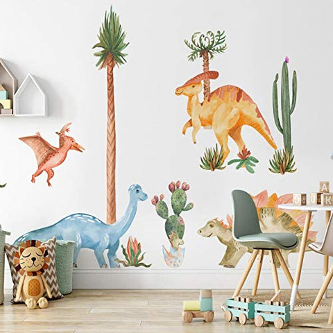 Yovkky Watercolor Dinosaur Nursery Wall Decals, Large Peel and Stick Dino Tropical Plant Stickers Cactus Palm Leaf Decor, Home Kitchen Decorations Boy Girl Kid Baby Toddler Bedroom Playroom Art Gift