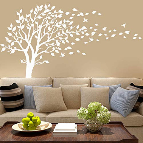 Large Tree Blowing in The Wind Tree Wall Decals Wall Sticker Vinyl Art Kids Rooms Teen Girls Boys Wallpaper Murals Sticker Wall Stickers Nursery Decor Nursery Decals (White)